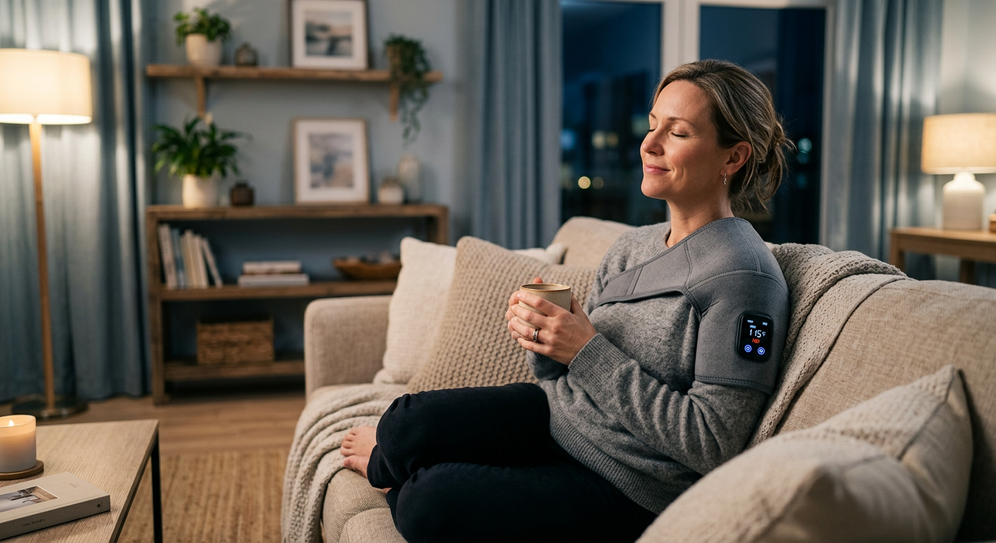 Woman relaxing on a sofa at home wearing the Kinessana Shoulder Massager