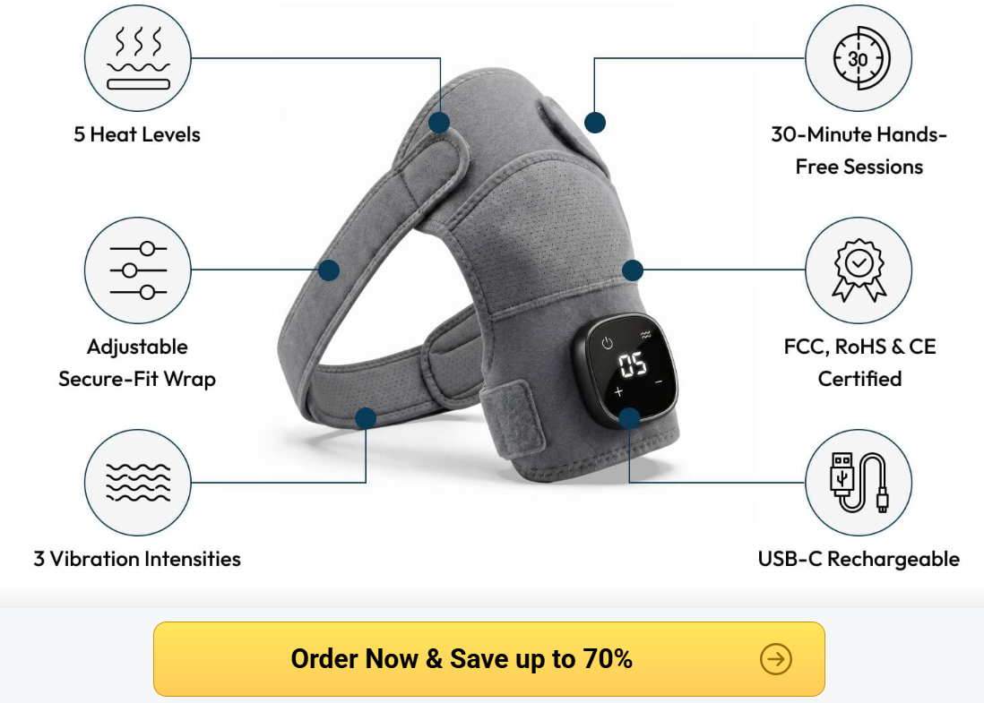 Kinessana features: 5 heat levels, adjustable wrap, 3 vibration intensities, 30-minute sessions, certified, USB-C rechargeable