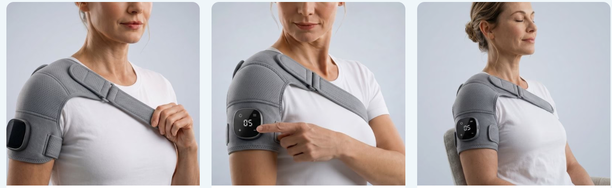 Three steps of wearing and using the Kinessana Shoulder Massager
